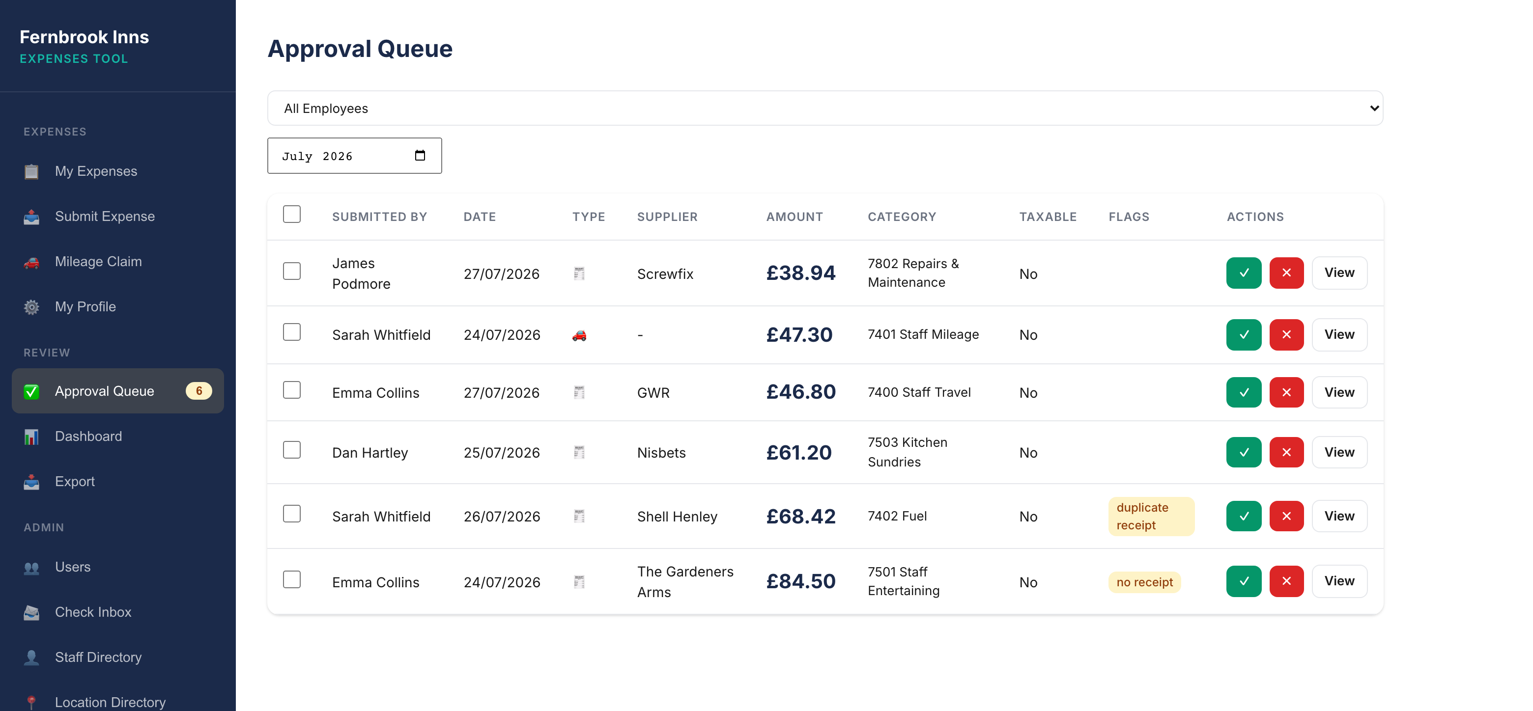 Expenses tool — approval queue with flagged claims
